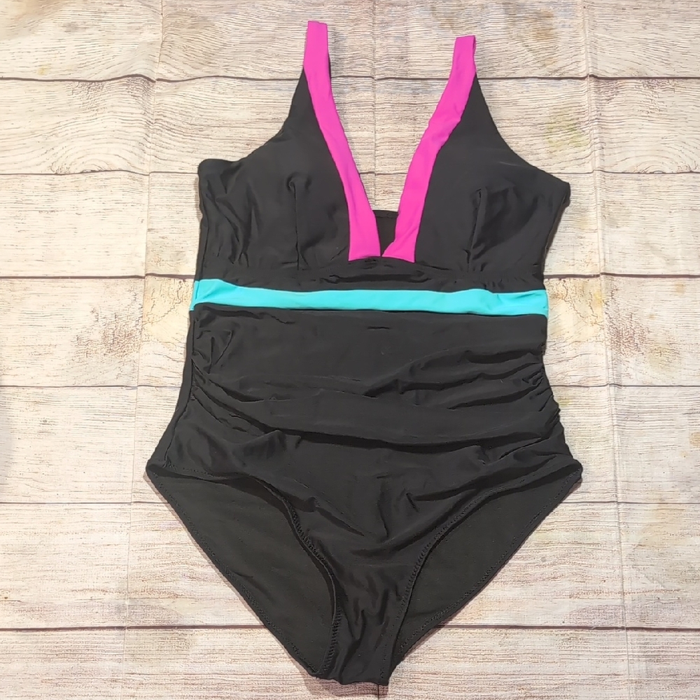Women's Blooming Jelly Black Color Block One Piece Bathing Suit Size L